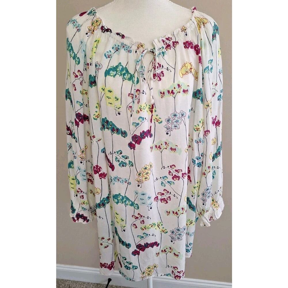 Talbots Women's Floral Print Peasant Blouse Ivory Size 2XL